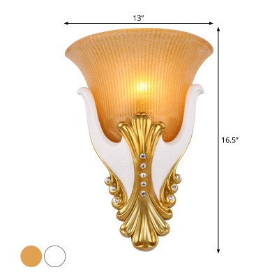 Rural Bell Wall Mount Lighting 1-Bulb Yellow/White Glass Wall Light Sconce in Gold, 9.5
