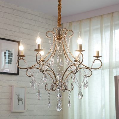 Simple Candelabra Hanging Chandelier Metal 6 Bulbs Living Room Pendant Lamp with Crystal Strand