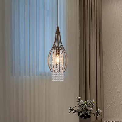 Simple Cylinder Pendant Lighting Crystal Strand 1 Head Bedroom Hanging Light Kit in Coffee with Wire Cage