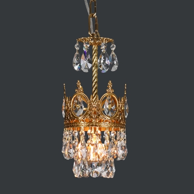 Vintage Crown Shape Pendant Light Fixture 1 Head Faceted Glass Suspension Lamp in Brass