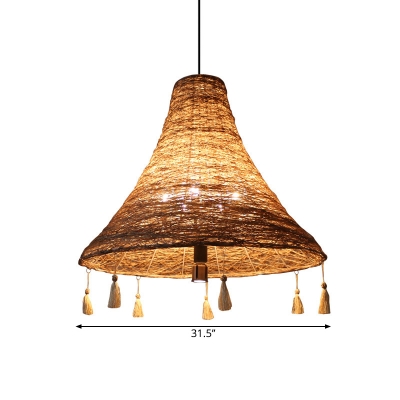 Yellow Woven Bell Pendant Chandelier Countryside 3 Lights Rope Suspension Lighting with Tassel Deco, 23.5