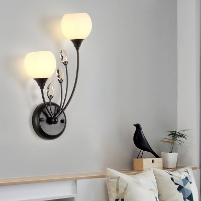 1/2-Bulb Branch Wall Lighting Modernist Black Finish Metal Wall Sconce with Dome Opal Glass Shade