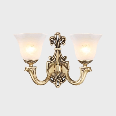 1/2-Head Up Wall Lamp Rural Living Room Wall Light Sconce with Bell Frosted Glass Shade in Gold