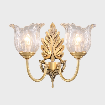 1/2 Lights Clear Ribbed Glass Wall Lamp Countryside Gold Blossom Wall Sconce Light with Curvy Arm