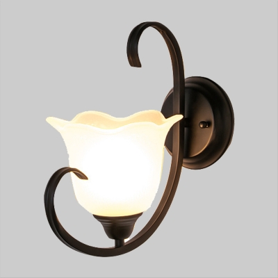 1-Head Sconce Light Fixture Rural Scalloped Milk Glass Wall Mounted Lighting in Black