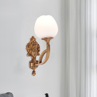 1 Head Wall Light Fixture Traditional Living Room Sconce with Flower Opal Glass Shade in Brass
