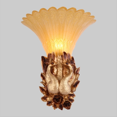 1-Head Wall Sconce Light Rustic Carved Amber Glass Wall Mounted Lamp with Peacock Deco in Gold
