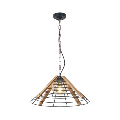 1 Light Cone/Drum Pendant Lamp Industrial Black Finish Metallic Hanging Ceiling Light with Wooden Panel, 11