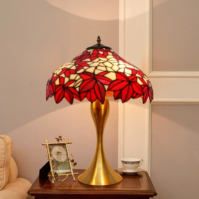 1-Light Domed Nightstand Light Tiffany Red Hand Cut Glass Maple Leaf Patterned Table Lamp with Pull Chain