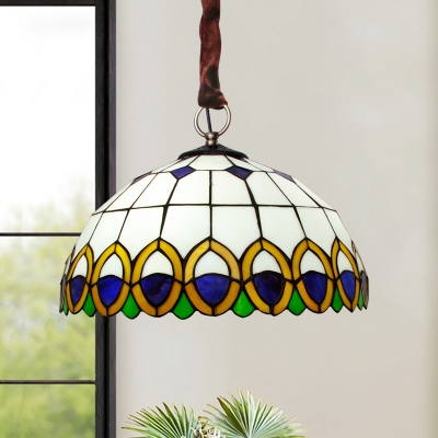 3-Bulb Hanging Chandelier Tiffany Style Grid Dome Hand Cut Glass Pendant Lighting in Brass