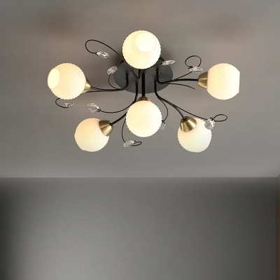 6 Bulbs Living Room Semi Flush Contemporary Black Ceiling Lamp with Ball Cream Prismatic Glass Shade
