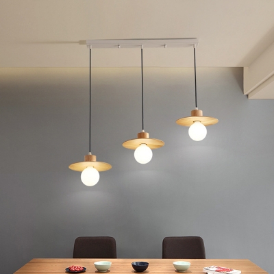 Beige Flying Saucer Multi-Pendant Asian 3 Lights Wooden Hanging Light Kit with Open Bulb Design