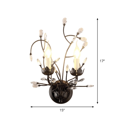 Black 2 Bulbs Wall Mounted Light Modern Beveled Crystal Branching Sconce Lamp Fixture
