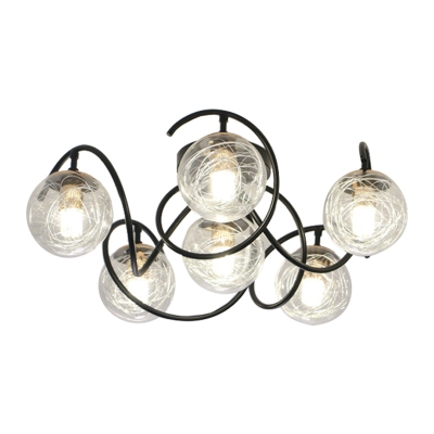 Black Global Ceiling Fixture Modernist 6 Lights Clear/Smoke Grey Glass Semi Flush Mount with Curvy Arm