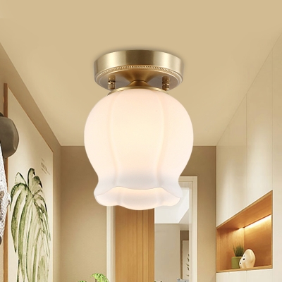 Blossom Hallway Ceiling Mounted Fixture Country White Glass 1-Head Brass Semi Flush