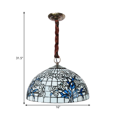 Blue and White Cut Glass Pendant Lighting Lattice Dome 3 Heads Tiffany Style Chandelier Light with Petal Pattern