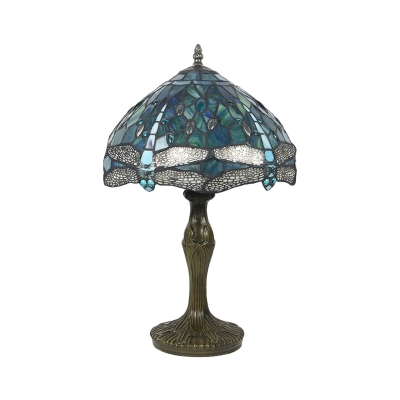 Brass Tapered Table Lighting Mediterranean 1-Head Hand Cut Glass Night Light with Dragonfly Pattern