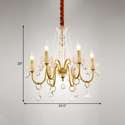 Candle Parlor Chandelier Lighting Metal 6 Heads Minimalism Ceiling Lamp with Crystal Bead and Bobeche in Gold