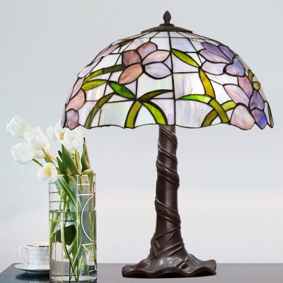 Coffee Domed Night Table Lamp Baroque 3 Bulbs Hand Cut Glass Pull Chain Nightstand Lighting with Blossom Pattern