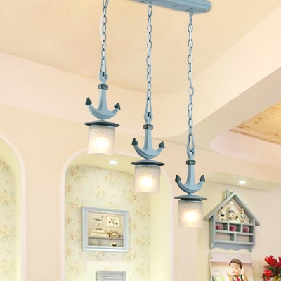 Column Multiple Ceiling Light Modernism Dimpled Glass 3-Bulb Playroom Drop Pendant with Linear/Round Canopy in Blue