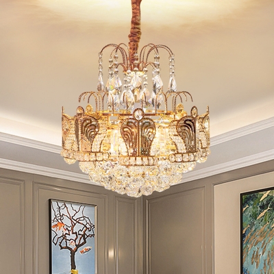 Cone Hanging Chandelier Modernist Crystal Orbs 6 Lights Gold Suspension Lighting with Crown Design