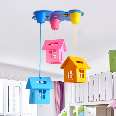 Cottage Multiple Lamp Pendant Cartoon Wood 3 Heads Blue-Pink-Yellow Hanging Light Kit