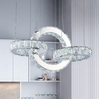 Crystal Rings LED Chandelier Modern Chrome Finish Hanging Pendant Light for Kitchen