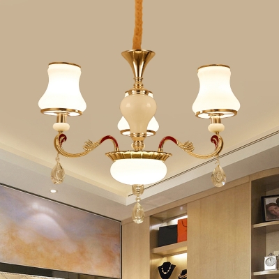 Curved Shade Bedroom Ceiling Lamp Opal Glass 3/6-Head Modern Chandelier in Gold with Crystal Drop