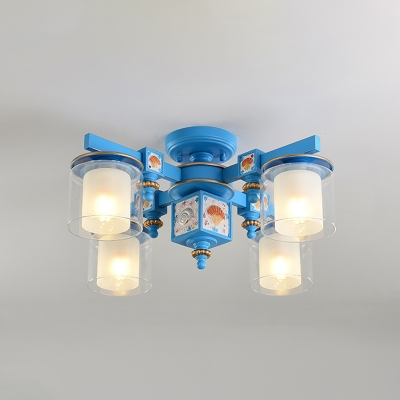 Nautical Dual Barrel Ceiling Lamp Clear and Opal Glass 4 Bulbs Bedroom Semi Flush Chandelier with Resin Shell Deco in Blue
