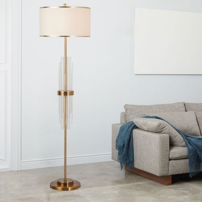 Fabric Drum Standing Light Modern 1 Head Living Room Floor Lamp in Brass with Crystal Tube Accent
