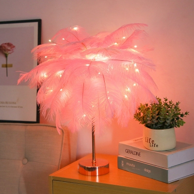 Feather Coconut Palms Table Light Modern Romantic Pink/White Battery USB LED Nightstand Lamp