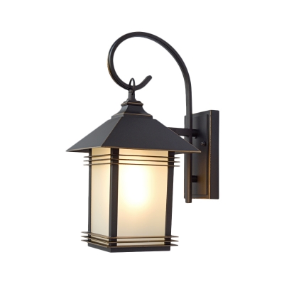 Frosted Glass Black Sconce Lamp Lantern 1 Bulb Farm Style Wall Lamp Fixture with Curvy Arm