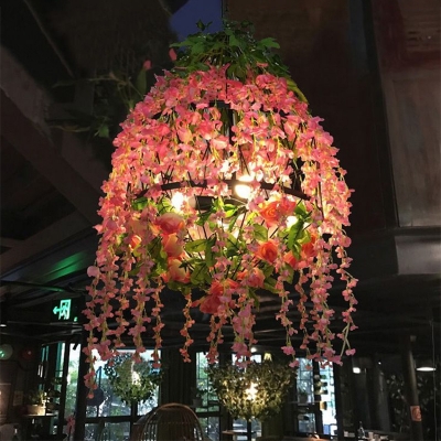 Global Cage Metal Drop Pendant Antique 4-Light Cafe Hanging Chandelier with Violet Deco in Pink
