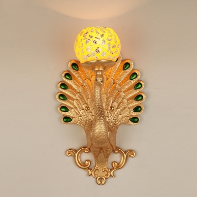 Global Corridor Wall Light Fixture Country Crackle Glass 1 Head Gold Wall Lighting Ideas with Resin Peacock Backplate