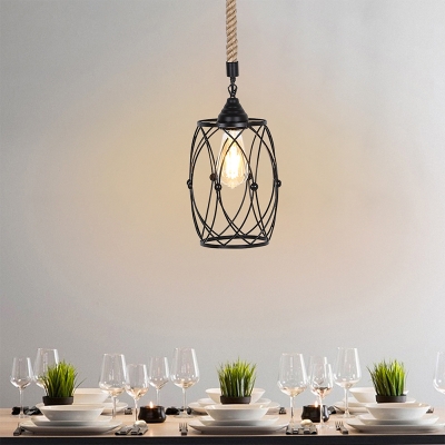 Iron Black Pendant Lighting Fixture Cylinder Cage 1 Light Farmhouse Hanging Lamp Kit for Dining Room