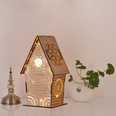 Kids USB LED Night Light Brown Sculpted Flower/Star/Loving Heart Patterned Cabin Table Lamp with Wood Lamp Shade