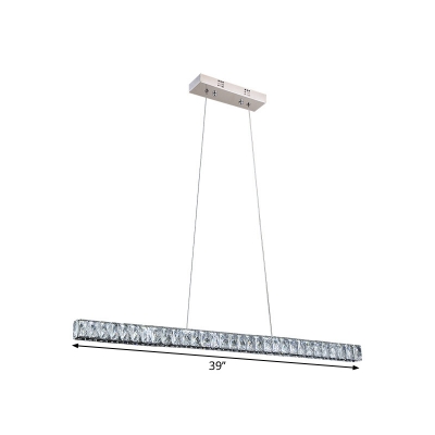 Linear Island Light Fixture Minimalist Beveled Crystal Dining Room LED Pendant Lamp in Silver