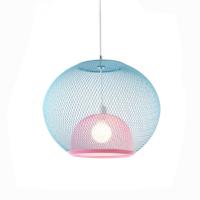 Macaron 1 Head Hanging Pendant Light Pink/Yellow/Blue Dual Globe Ceiling Lamp with Metallic Mesh Shade for Dining Room