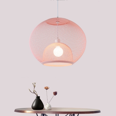 Macaron 1 Head Hanging Pendant Light Pink/Yellow/Blue Dual Globe Ceiling Lamp with Metallic Mesh Shade for Dining Room