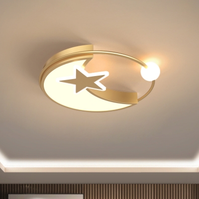 Macaron LED Flush Ceiling Light Gold Moon and Star Flushmount Lighting with Acrylic Shade