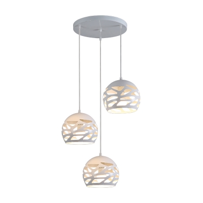 Metal Etched Globe Cluster Pendant Contemporary 3 Heads White Hanging Ceiling Light for Dining Room