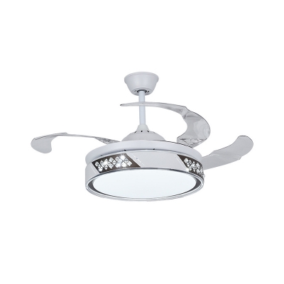 Metal Round 3-Blade Semi Flush Mount Minimalist LED White Ceiling Fan Light with Crystal Deco, 42