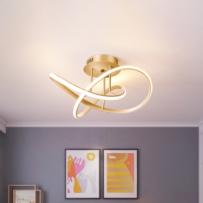 Minimal Twisted Semi Flush Mount Metal LED Bedroom Close to Ceiling Light in Gold