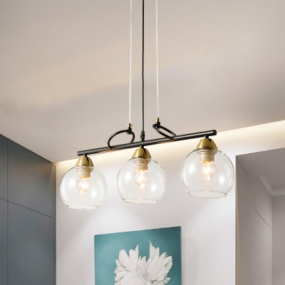 Modern 3 Bulbs Down Lighting Black Spherical Island Light Fixture with Clear/Smoke Grey Glass Shade