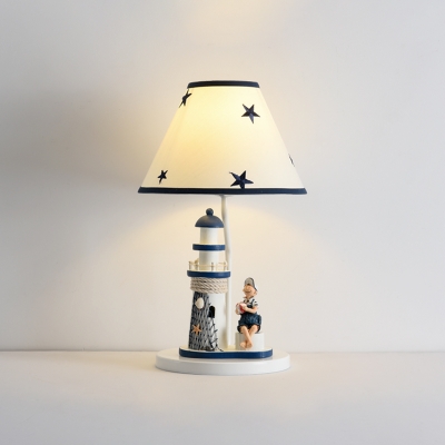 Modern Conic Desk Lighting Fabric 1 Head Nursery Night Light with Lighthouse and Boy/Girl Deco in Dark Blue