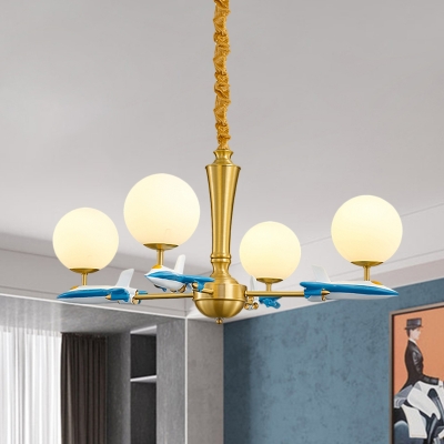 Opal Glass Ball Chandelier Lamp Nordic 4 Heads Brass Hanging Ceiling Light with Airplane Deco