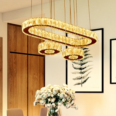 Oval and Round Cut Crystal Ceiling Lamp Minimalism Stainless-Steel LED Multi Pendant in Warm/White Light