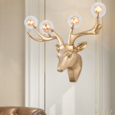 Resin Black/Blue/Gold Wall Light Deer Head 4-Light Country Style Wall Sconce with Orb Clear Glass Shade