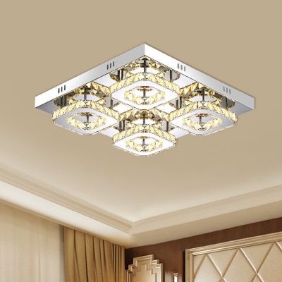 Square Flush Ceiling Light Modern Crystal Petals Chrome LED Semi Mount Lighting for Dining Room