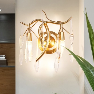 Teardrop Wall Light Fixture Contemporary Clear Crystal 2 Heads Living Room Wall Sconce in Gold with Twisted Arm